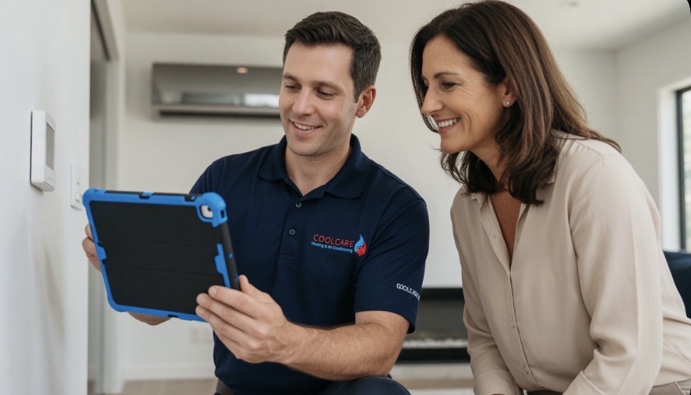 CoolCare technician helping a homeowner